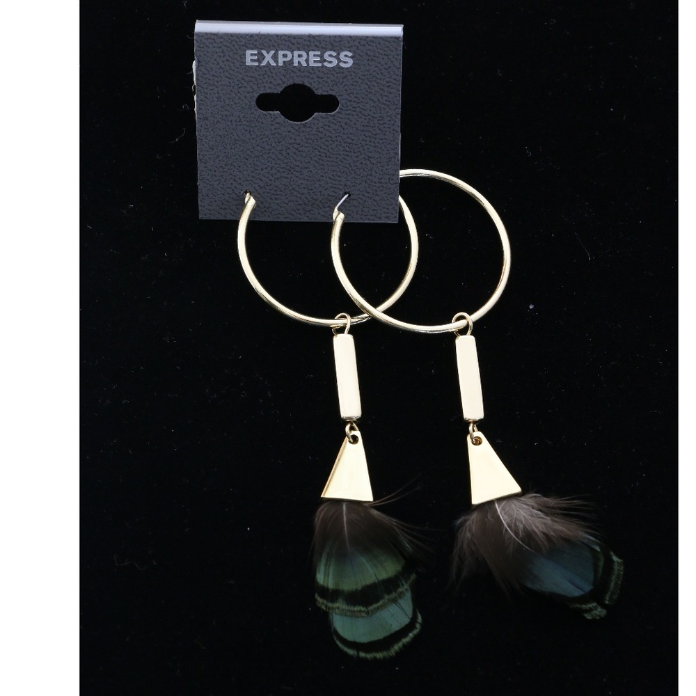 Express Feather Dangle-Earrings Gold/Brown NWT - Picture 2 of 4